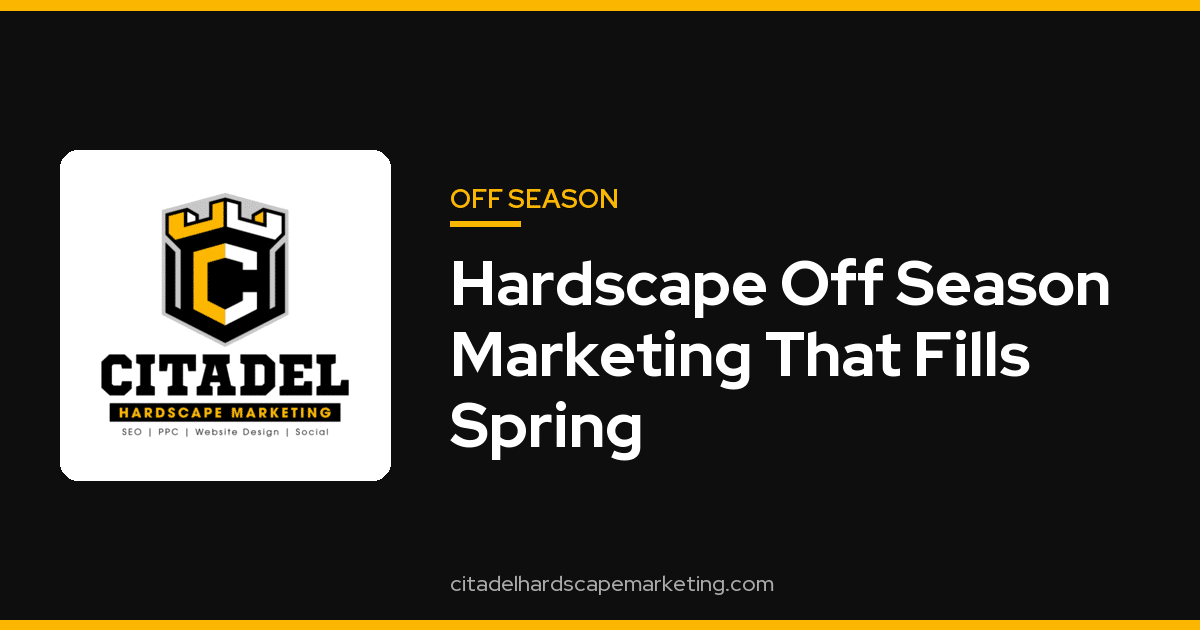 Paver patio with a calendar page turning toward spring, representing hardscape off season marketing